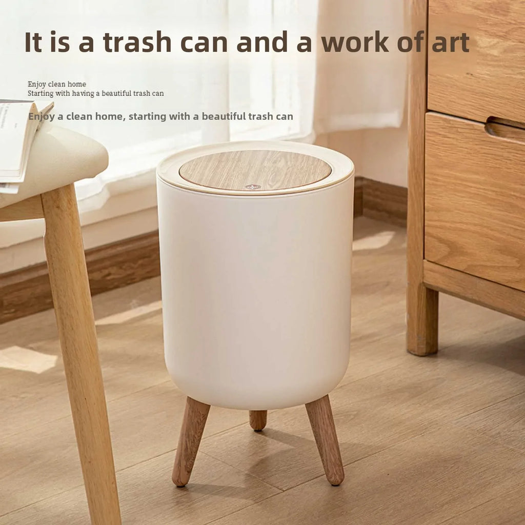 Imitation wood grain high foot garbage bin, press type with lid, household high-end feeling, light luxury garbage bin Lootquake LLC