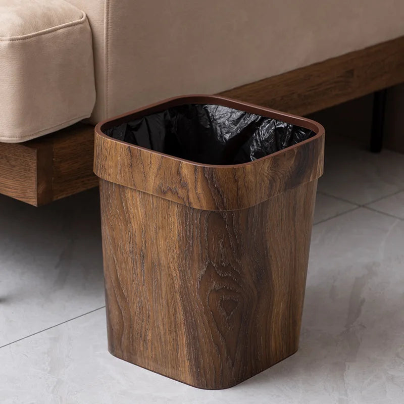Square Wood Grain Garbage Bin Household Plastic Uncovered Office Bathroom Livingroom Kitchen 12L Dustbin Waste Basket Trash Can Lootquake LLC