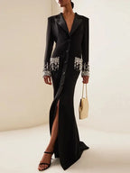 HIGH STREET Newest 2025 Designer Fashion Women's Long Sleeve Notched Collar Rhinestone Diamonds Beading Maxi Long Dress