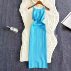 2024 Sexy Summer Knit Strap Dress Women Halter Elatic Waist Bodycon Sundress Female Beach Solid Maxi Long Dress