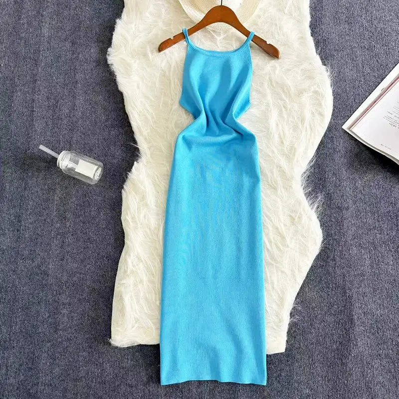 2024 Sexy Summer Knit Strap Dress Women Halter Elatic Waist Bodycon Sundress Female Beach Solid Maxi Long Dress