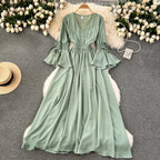 Purple/Green/Red Pleated Maxi Long Dress Women Vintage V-Neck Flare Sleeve Draped Ruffle Vestido Female Maxi Robe Summer Lootquake LLC