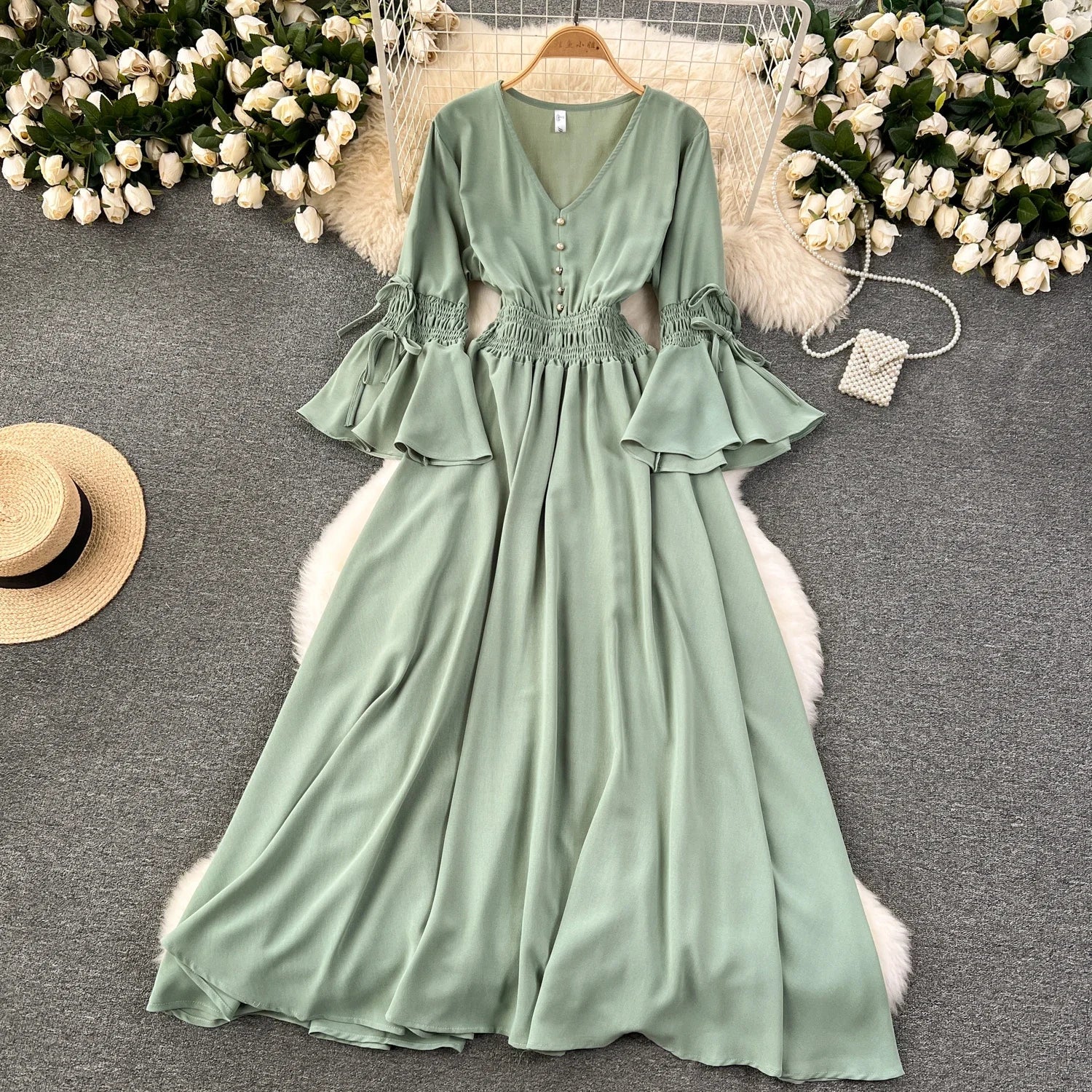 Purple/Green/Red Pleated Maxi Long Dress Women Vintage V-Neck Flare Sleeve Draped Ruffle Vestido Female Maxi Robe Summer Lootquake LLC