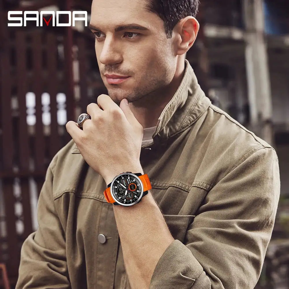 SANDA Sports Men's Electronic Watch Fashion Multi functional Waterproof LED Dual Display Men's Electronic Watch 3379