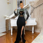 CM.YAYA Women Mesh See Through Long Sleeve Diamonds Hot Rhinestones Mermaid Long Dress Fall Evening Sexy Party Dresses Vestidos