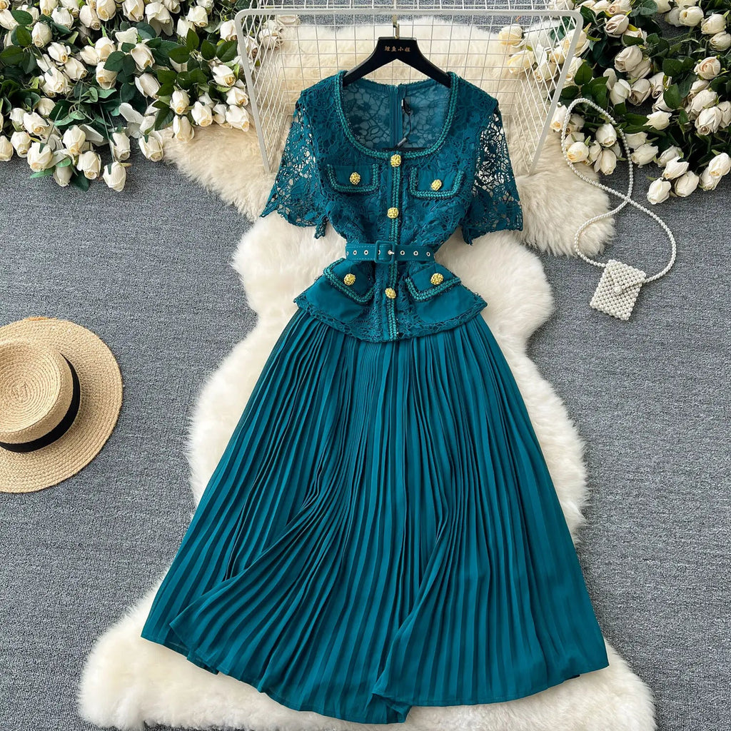 Designer 2025 Summer Pleated Chiffon Lace Long Dress Women Flower Embroidery Gold Button Belt Evening Party Dresses Wedding Robe Lootquake LLC