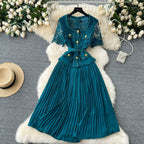 Designer 2025 Summer Pleated Chiffon Lace Long Dress Women Flower Embroidery Gold Button Belt Evening Party Dresses Wedding Robe Lootquake LLC