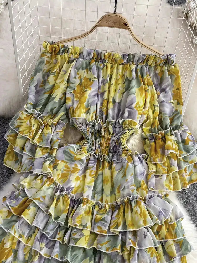 Summer New Off Shoulder  Wrap Waist to Show Thin A-line Fragmented Cake Dress Women's Beach Vacation Chiffon Long Dress GD820