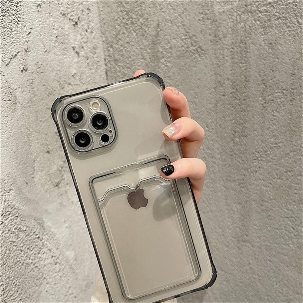 Transparent Card Slot Holder Case for iPhone 13 11 12 14 Pro Max Mini Clear Shockproof Soft Wallet Cover Clear Phone Case with Card Holder Slim Protective Soft Shock Absorbing Case with Card Holder Stevvex