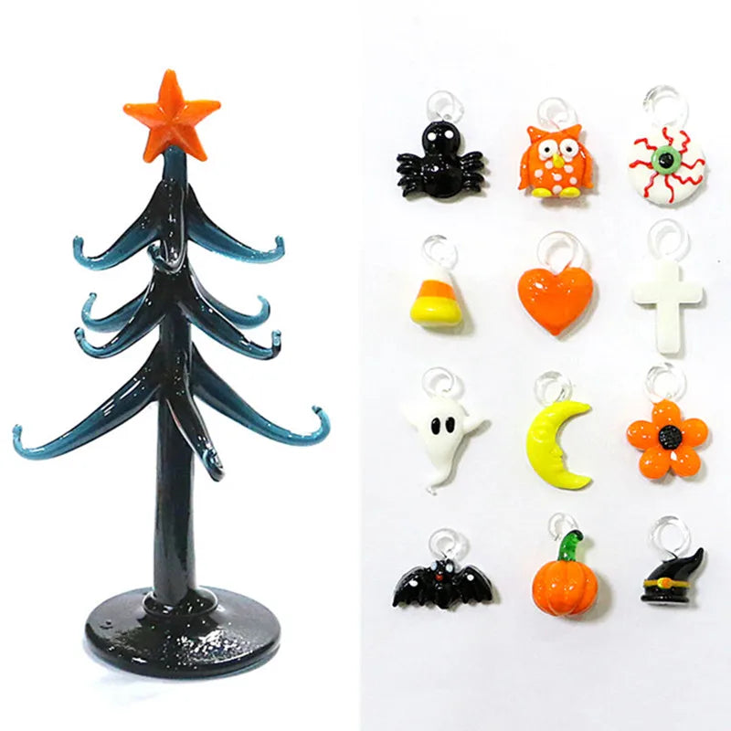 Halloween Decor Cute Glass Tree Figurine Ornaments with Mini Owl Spider Bat Pumpkin Cross Ghost Evil Eye Heart Moon Hat Pendant Lootquake LLC