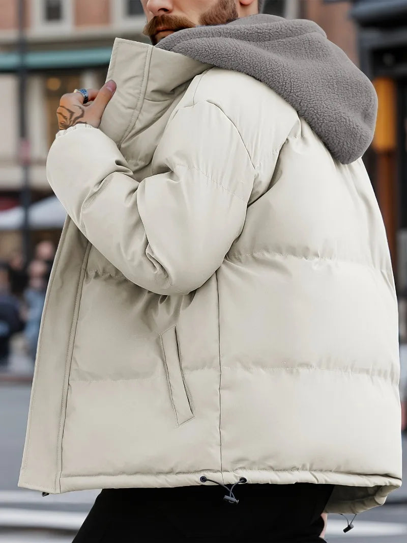 Winter Windproof Men's Faux Jacket Casual Polyester Coat with Detachable Hood Zip-Up Front Long Sleeves & Pockets Winter Clothes Pi-Mart