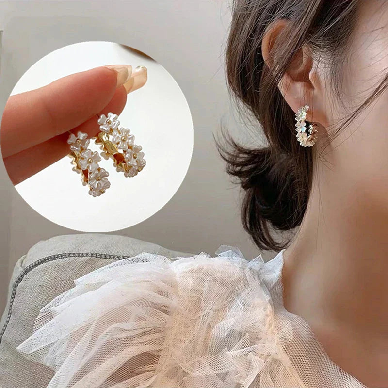 Kiss Jewelry Cute Sweet Flower Round Shape Pearl Rhinestone Stud Earrings for Women Tulip Floral Korean Fashion Earring Gift Lootquake LLC