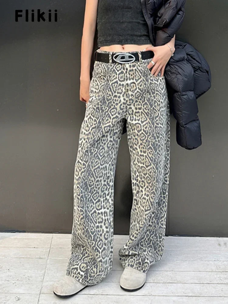 American Retro Leopard High Waist Baggy Jeans Women's Casual Pockets Hip-hop Pants 2024 Spring Y2K Oversiz Panther Denim Trouser Lootquake LLC