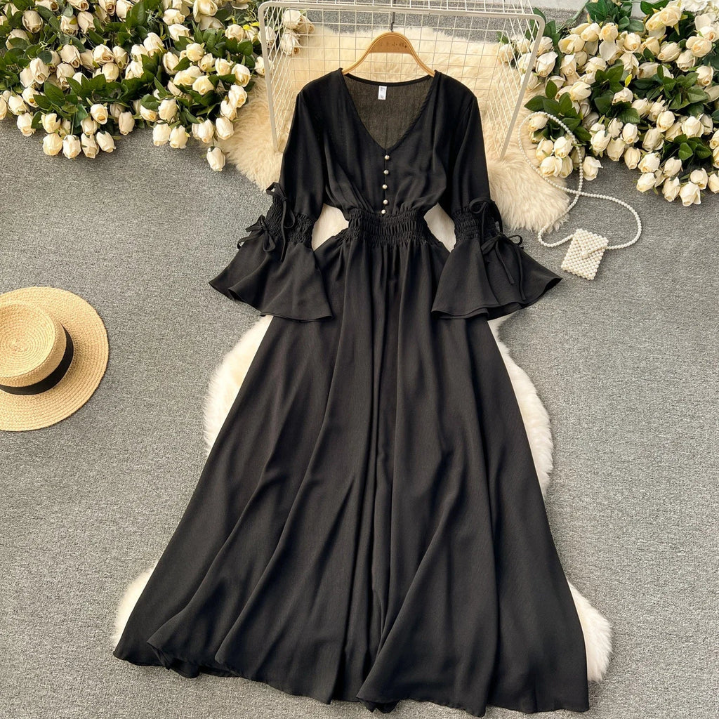 Purple/Green/Red Pleated Maxi Long Dress Women Vintage V-Neck Flare Sleeve Draped Ruffle Vestido Female Maxi Robe Summer Lootquake LLC