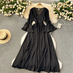 Purple/Green/Red Pleated Maxi Long Dress Women Vintage V-Neck Flare Sleeve Draped Ruffle Vestido Female Maxi Robe Summer Lootquake LLC