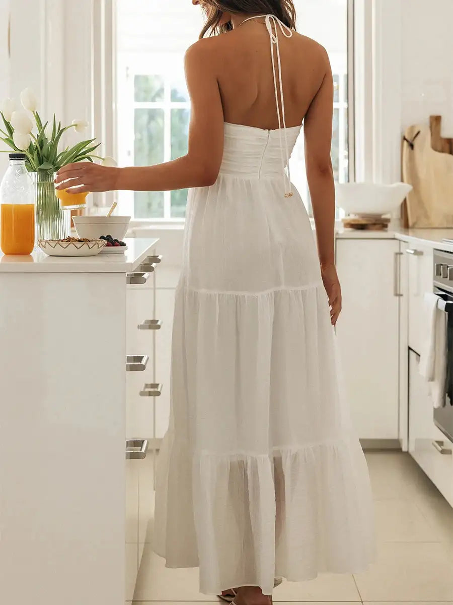 Women Low Cut Backless Maxi Dresses Elegant Spaghetti Strap Tiered Long Dress Relax Fit Open Back Cutout Flowy Sundress