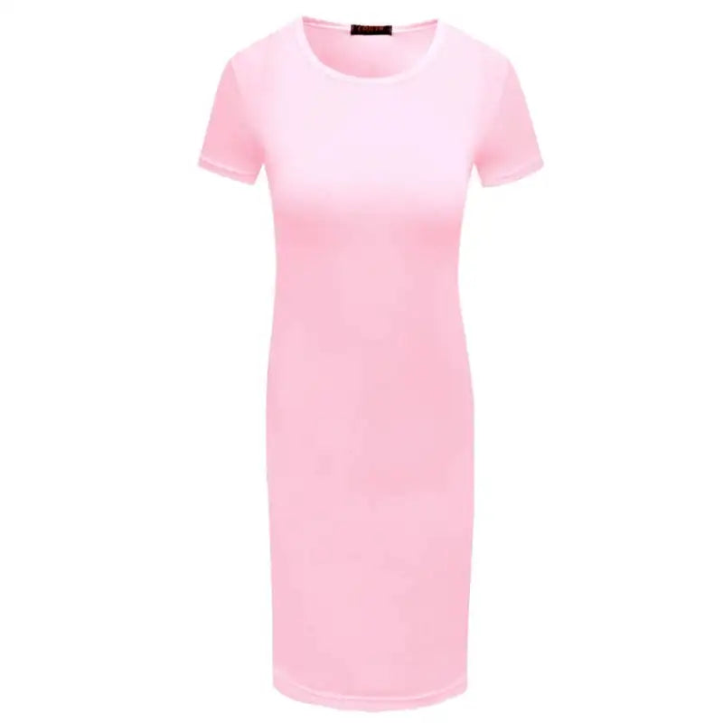 652F Women Summer Short Sleeve Plain Slim Fitted Knee Length Package Hip Long Dress
