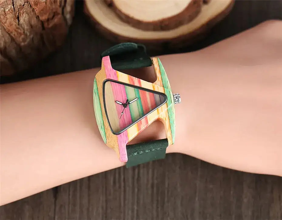 Unique Triangle Women's Wood Watch Creative Colorful Lady Green/ Red Genuine Leather Wristwatch Elegant Womens Watches Top Gifts