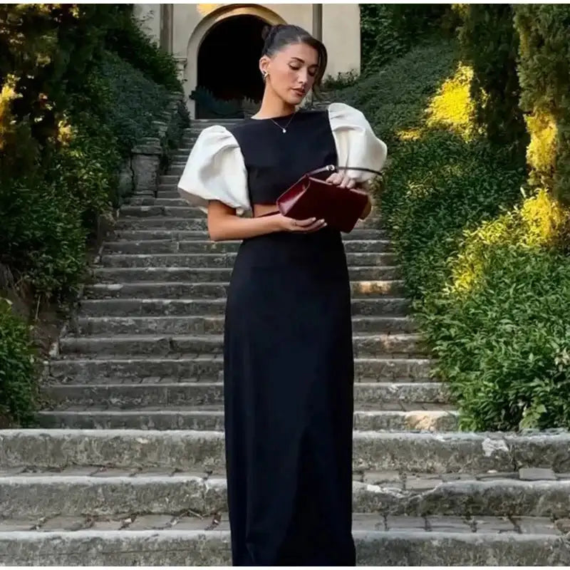 Elegant Puff Sleeve Long Dress For Women 2025 Sexy Hollow Out Waist Evening Party Dresses Female Vacation Lady Chic Beach Robe