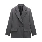 Willshela Women Fashion With Pockets Solid Double Breasted Blazer Vintage Long Sleeves Notched Neck Female Office Lady Outfits