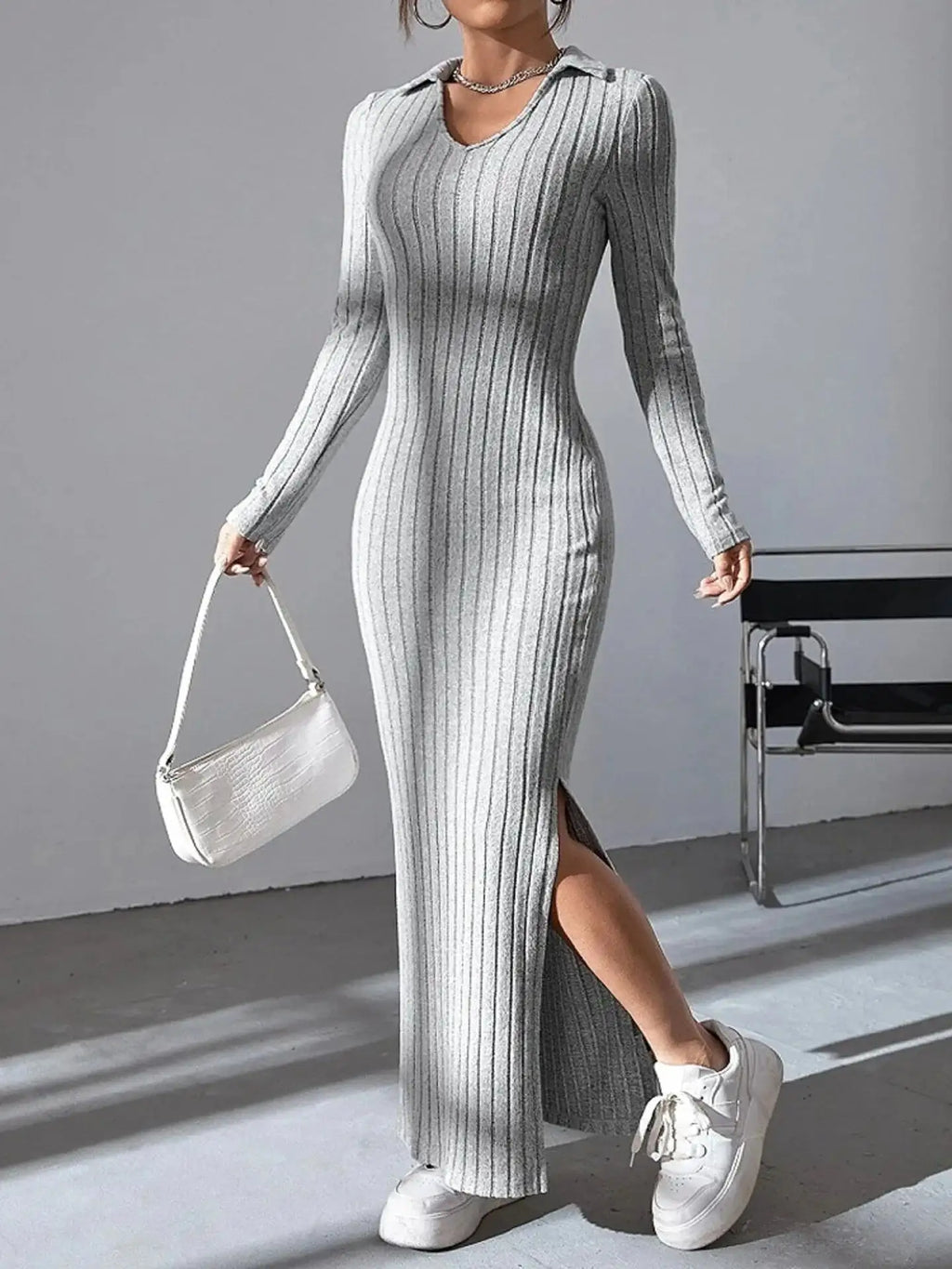 2024 Spring/Summer Knitted Dress Slim Fit Fashion Casual Women's Lapel Long sleeved Dress Concave Stripe Solid Color Long Dress