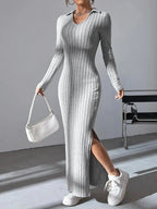 2024 Spring/Summer Knitted Dress Slim Fit Fashion Casual Women's Lapel Long sleeved Dress Concave Stripe Solid Color Long Dress