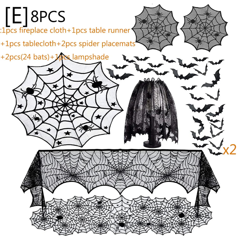 Halloween Decorations Set Spider Web Table Runner Fireplace Scarf Cover Tablecloth 3D Bats Wall Stickers Halloween Party Decor Lootquake LLC