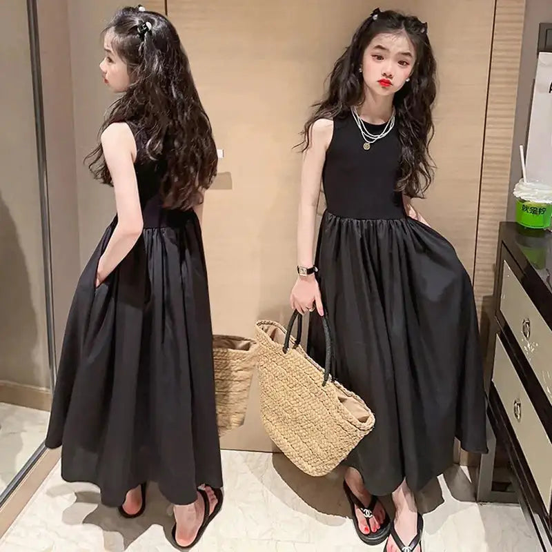 Girls Dresses 2024 New Fashionable Girls' Summer High End Black Solid Long Dress for Children's Summer Sleeveless Vest Dress