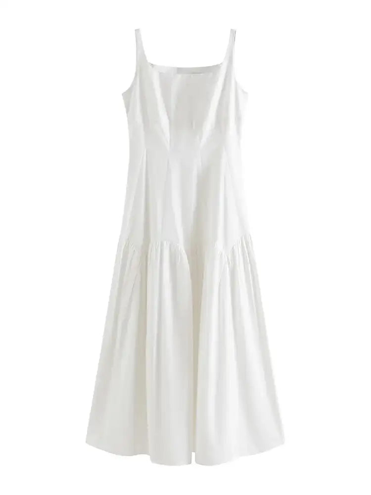 FSLE French White Suspender Long Dress 100% Cotton 2024 Summer New Loose Temperament Ankle-Length Female Dresses 24FS12048