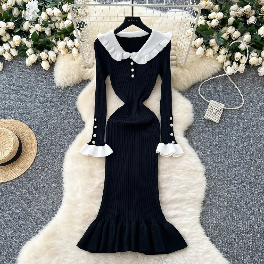 SINGREINY 2024 Hotsweet Slim Autumn Dress Women Peter pan Collar Long Sleeves Patchwork Preppy Style Mermaid Sweater Long Dress