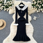 SINGREINY 2024 Hotsweet Slim Autumn Dress Women Peter pan Collar Long Sleeves Patchwork Preppy Style Mermaid Sweater Long Dress