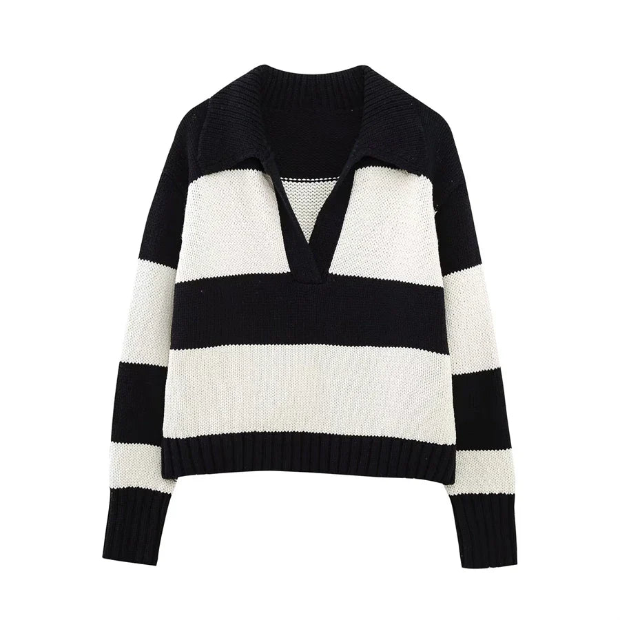 Women Fashion Black Striped Knit Sweater Spring Vintage Polo Neck Long Sleeve Female Pullovers Chic Tops - SJB-DIAMOND ELITES