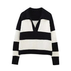 Women Fashion Black Striped Knit Sweater Spring Vintage Polo Neck Long Sleeve Female Pullovers Chic Tops