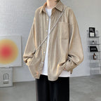 Solid Color Turn-Down Collar Long Sleeve Loose Fit Shirt with Pockets - Stylish & Functional Casual Top for Men & Women M-XXXXXL