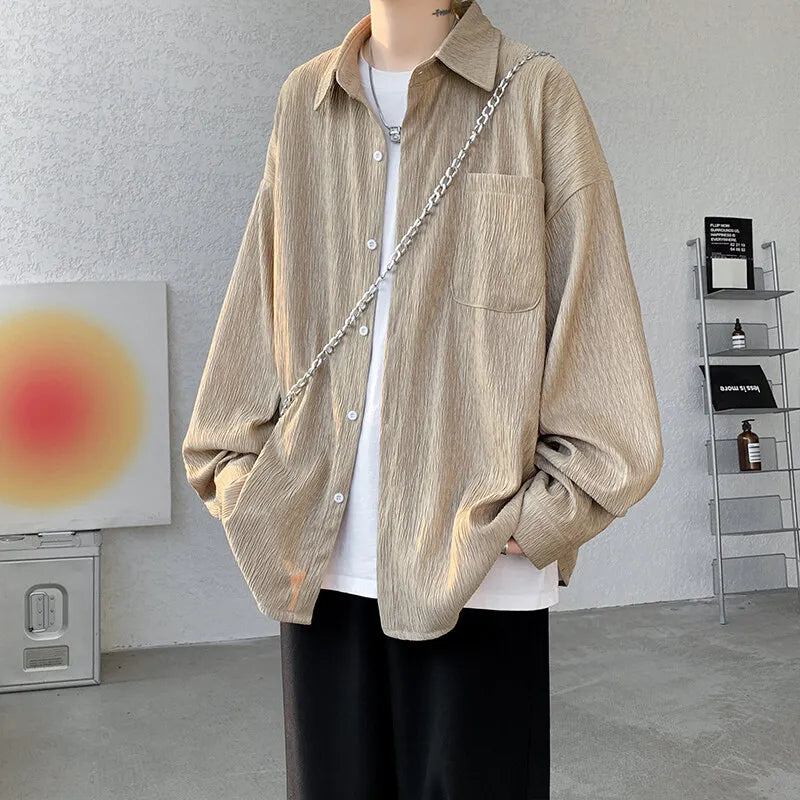 Solid Color Turn-Down Collar Long Sleeve Loose Fit Shirt with Pockets - Stylish & Functional Casual Top for Men & Women M-XXXXXL