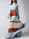 Elegant Ruffle Dress for Women Tiered A-Line Sweet Fashion Lantern Sleeve V-Neck Patchwork Layer Long Dress for Autumn 2024
