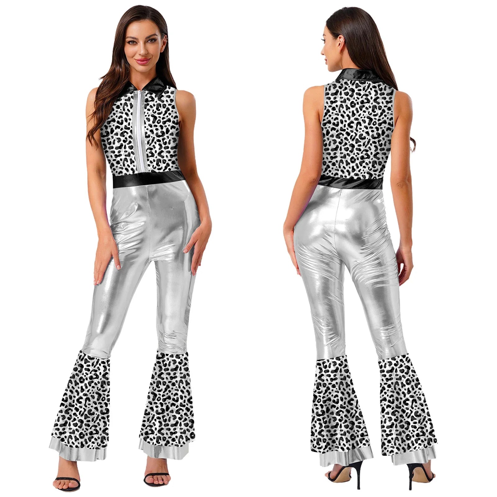 Womens Halloween Retro Hippie Cosplay Costume Party Hip-hop Dance Costume Metallic Shiny Vintage Carnival Bodysuit Jumpsuit Lootquake LLC