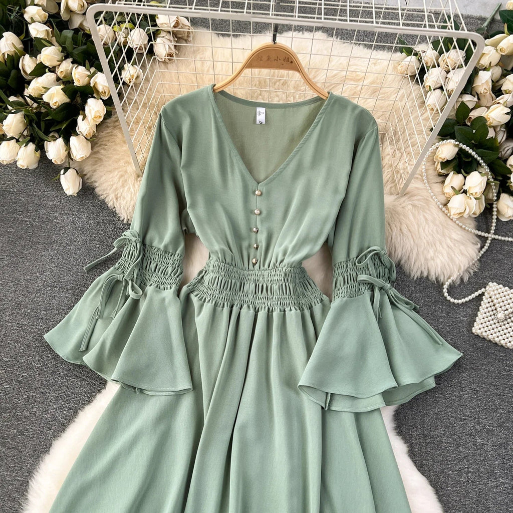 Purple/Green/Red Pleated Maxi Long Dress Women Vintage V-Neck Flare Sleeve Draped Ruffle Vestido Female Maxi Robe Summer Lootquake LLC