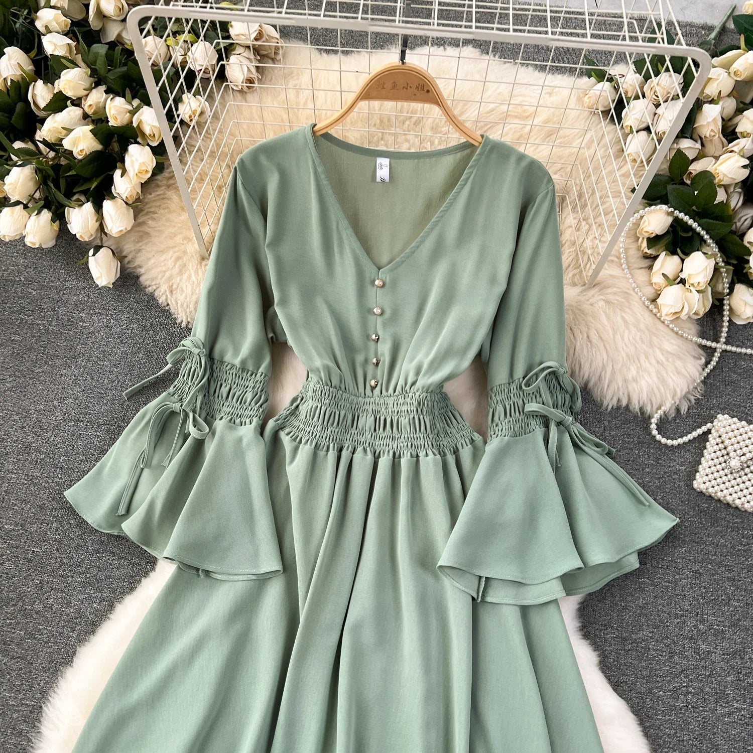 Purple/Green/Red Pleated Maxi Long Dress Women Vintage V-Neck Flare Sleeve Draped Ruffle Vestido Female Maxi Robe Summer Lootquake LLC