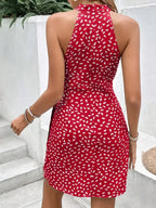 Women's Summer Fashion Hanging Neck Zipper Sleeveless Floral Pleated Short Dress Sexy Off Shoulder Lace-Up Mini Dress Vestidos