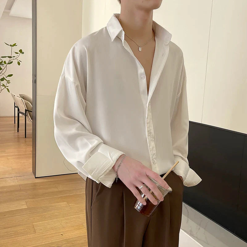 White Long Sleeved Shirt Men Oversized Fashion Social Mens Dress Shirt Korean Loose Ice Silk Shirt Mens Office Formal Shirts Lootquake LLC