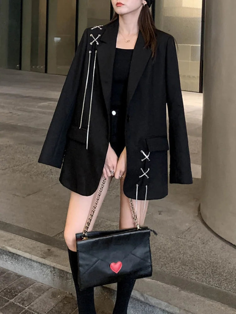 KOSAHIKI Harajuku Women Jackets Black Gothic Punk Hip Hop Solid Vintage Blazer Coats  Chic Chain Loose Jacket Streetwear Lootquake LLC