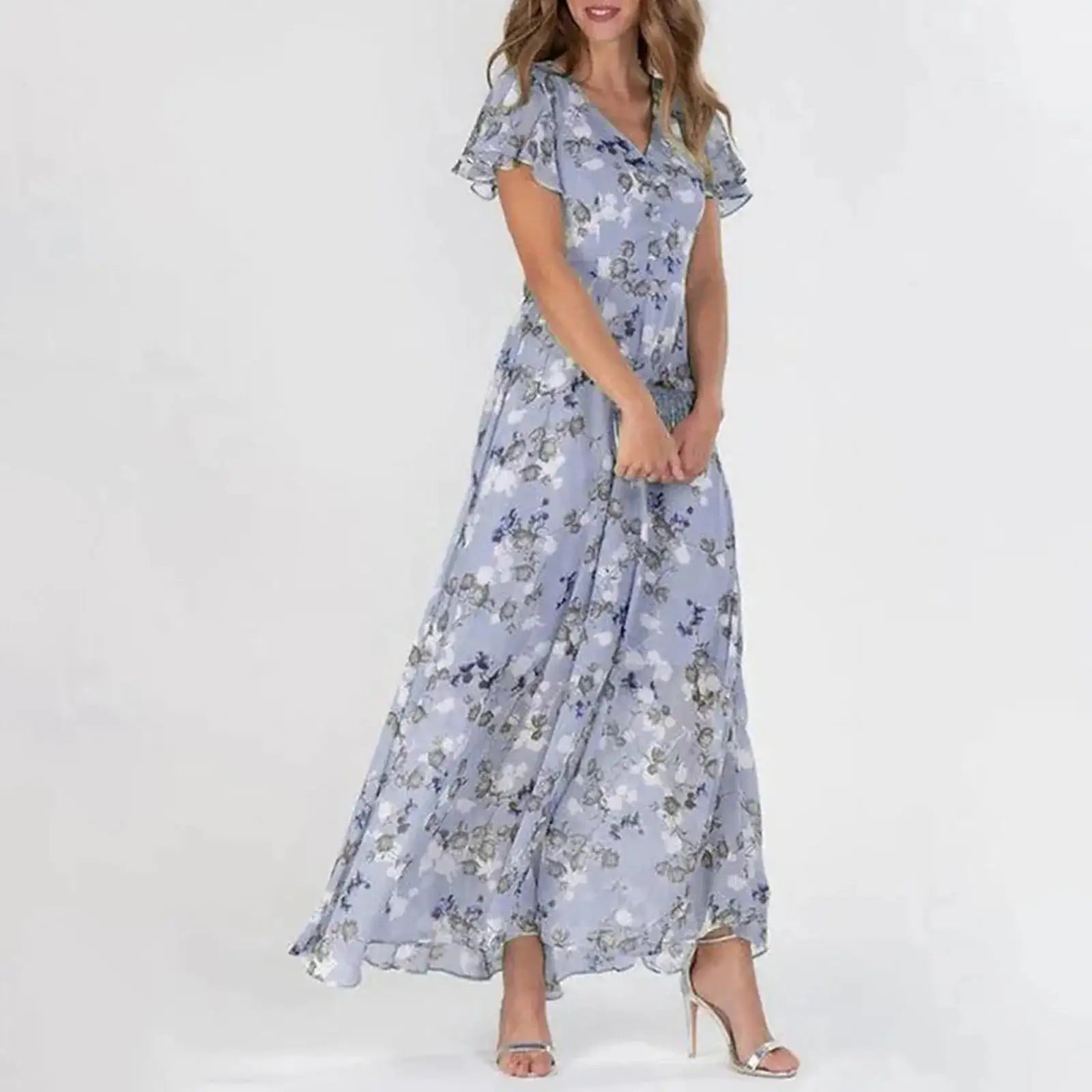 Vestidos Verano Moda 2024 Women's Swing Long Dress Chiffon Floral Short Sleeve Ruffle V Neck Fashion Waist Flowy Dress платье