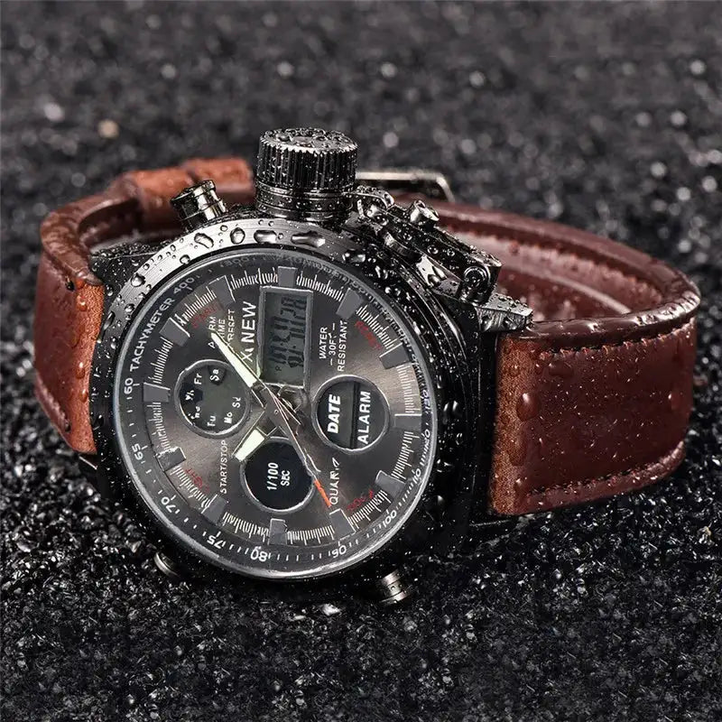 1pc / lot Men Genuine XINEW Brand Designer Watches Students Fashion Leather Band Alarm Stopwatch Electronic Watch Montre Homme