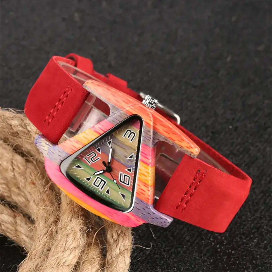 Unique Triangle Women's Wood Watch Creative Colorful Lady Green/ Red Genuine Leather Wristwatch Elegant Womens Watches Top Gifts