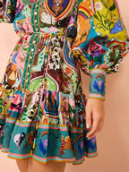 2025 printed round neck cinched waist strap pleated ruffle edge retro pleated dress cardigan temperament versatile dress