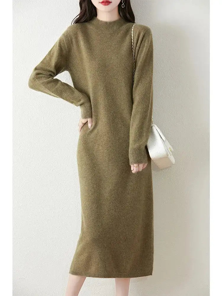 Autumn Winter Women's Wool Long Dress Cashmere Mock Neck Pullover Sweater 100% Merino Wool Soft Knitwear OL Simple Basic Dress Lootquake LLC