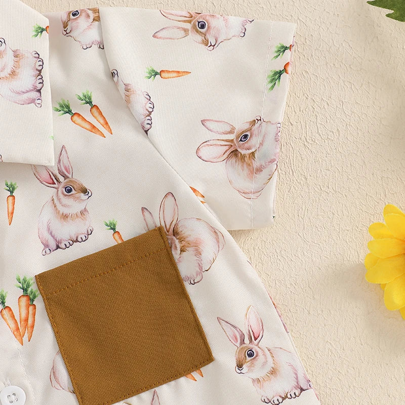 Toddler Easter Clothing Set with Short Sleeve Lapel Bunny Carrot Print Shirt and Solid Color Shorts - Adorable Boy s Easter Lootquake LLC