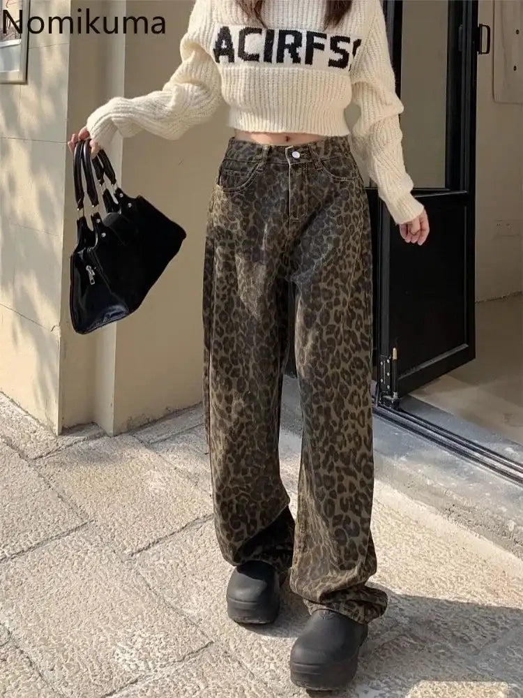 Vintage Leopard Print Pantalon Femme Wide Leg Pants Women High Waist Straight Y2k Jeans Casual Fashion Korean  Jean Trousers Lootquake LLC