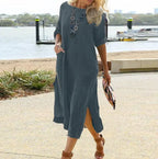 Spring Cotton Linen Oversize Women's Long Dress Black O-neck Pockets Side Split Loose Dresses Female Casual Ladies Clothes